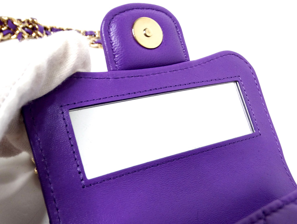 Chanel Purple Lambskin Quilted Leather Mini Kelly Bag With Mirror