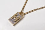 Chanel Gold-Tone Crystal Dog Tag Style Pendent Chain Necklace