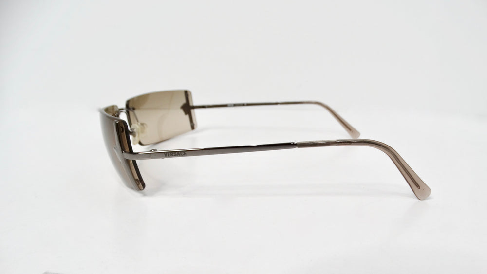 1990s Versace Medusa Brown Tinted Rectangular Rimless Shield Metal Sunglasses