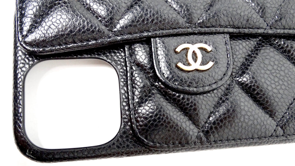 Chanel Black Caviar Quilted Leather Pearl Crush iPhone 15 Pro Case With Chain