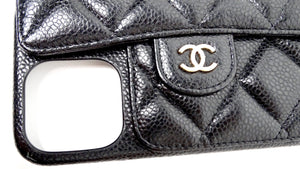 Chanel Black Caviar Quilted Leather Pearl Crush iPhone 15 Pro Case With Chain