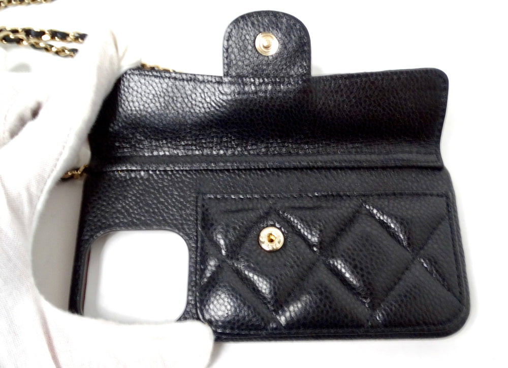 Chanel Black Caviar Quilted Leather Pearl Crush iPhone 15 Pro Case With Chain