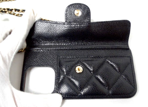 Chanel Black Caviar Quilted Leather Pearl Crush iPhone 15 Pro Case With Chain