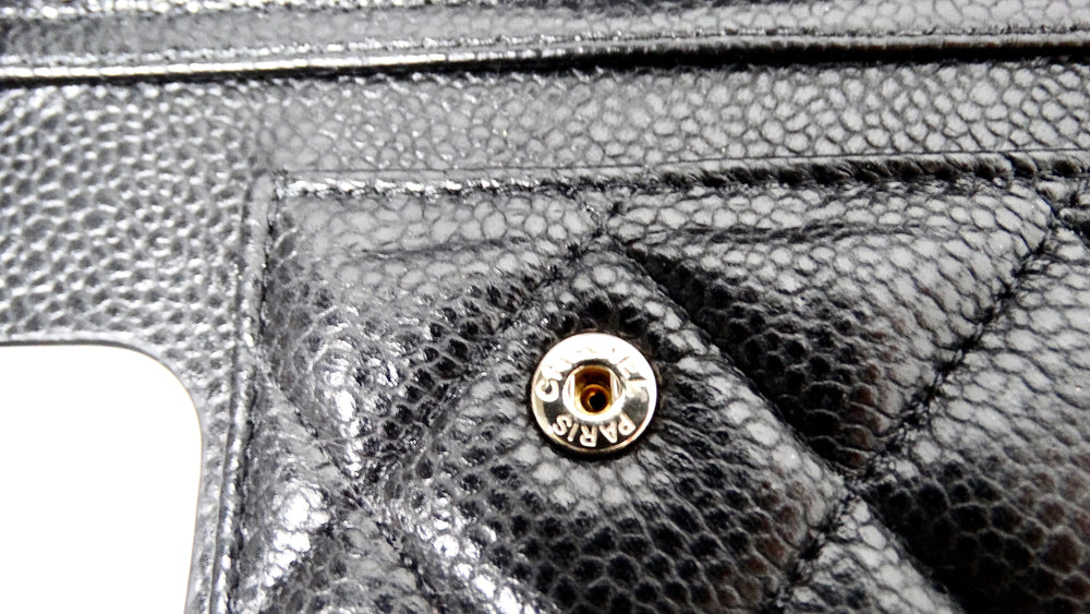 Chanel Black Caviar Quilted Leather Pearl Crush iPhone 15 Pro Case With Chain
