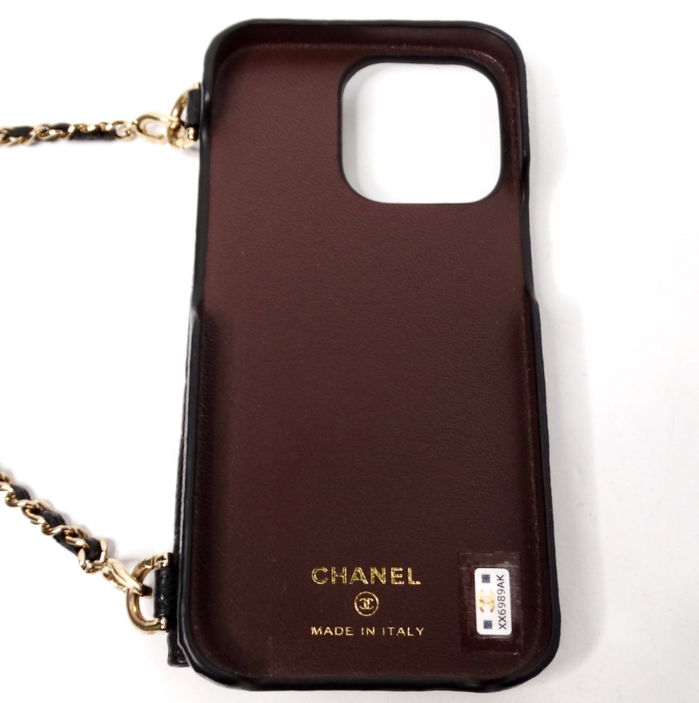 Chanel Black Caviar Quilted Leather Pearl Crush iPhone 15 Pro Case With Chain