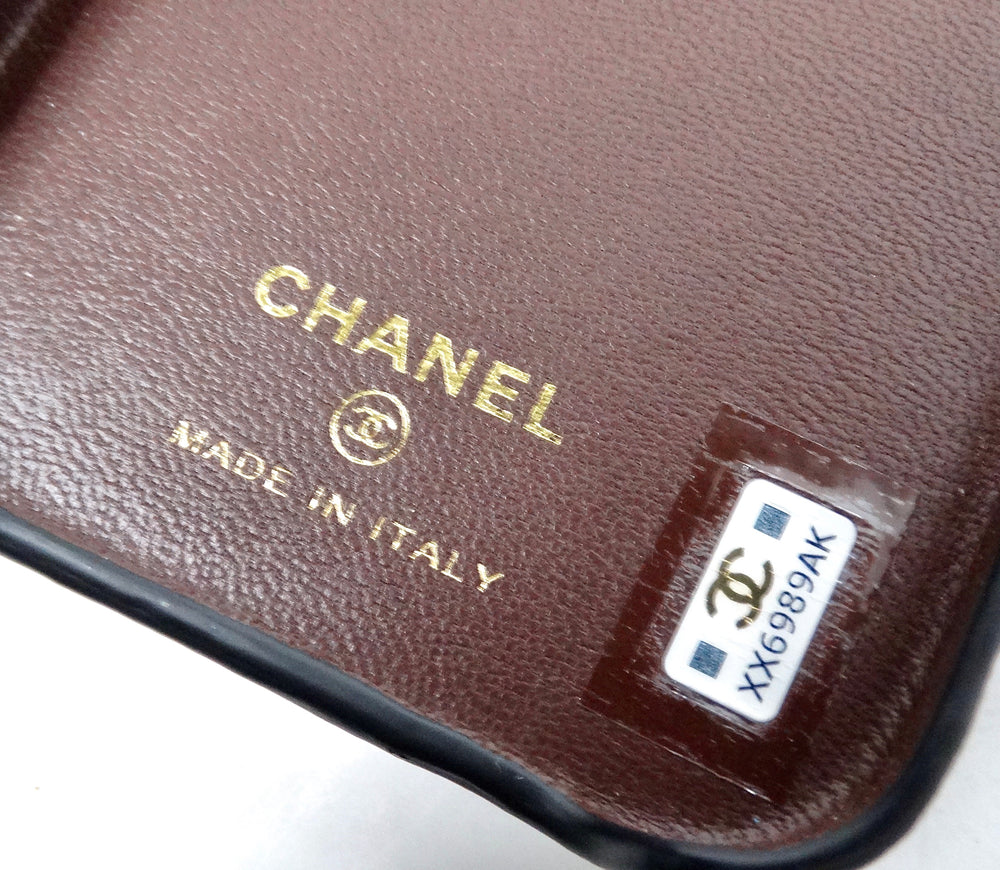 Chanel Black Caviar Quilted Leather Pearl Crush iPhone 15 Pro Case With Chain