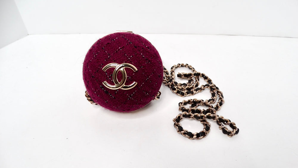 Chanel Tweed Burgundy Minaudiere Sphere Clutch With Chain