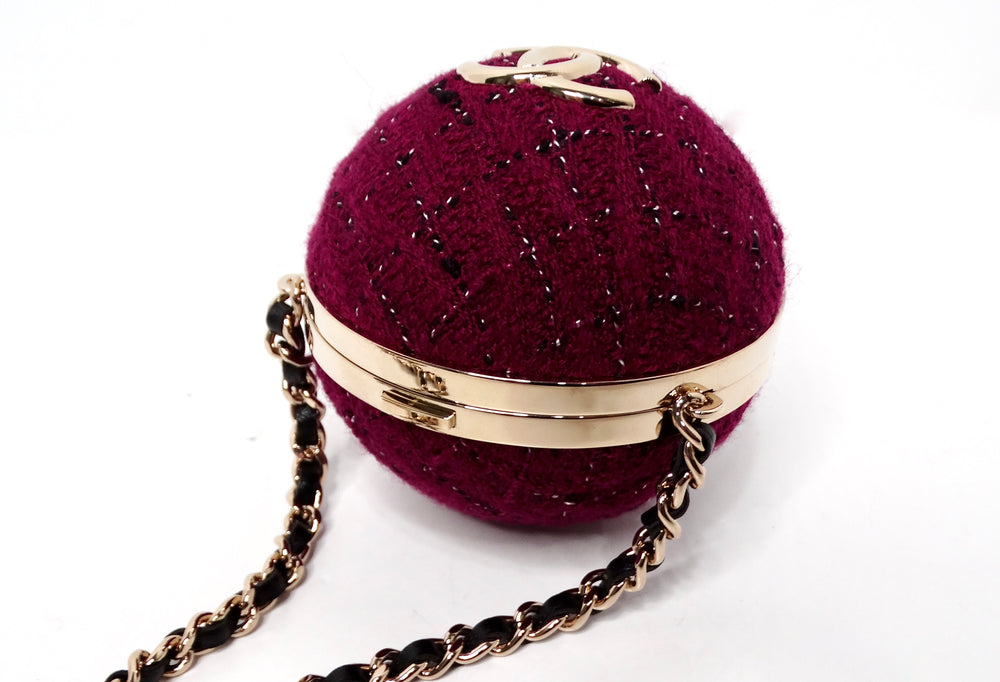 Chanel Tweed Burgundy Minaudiere Sphere Clutch With Chain