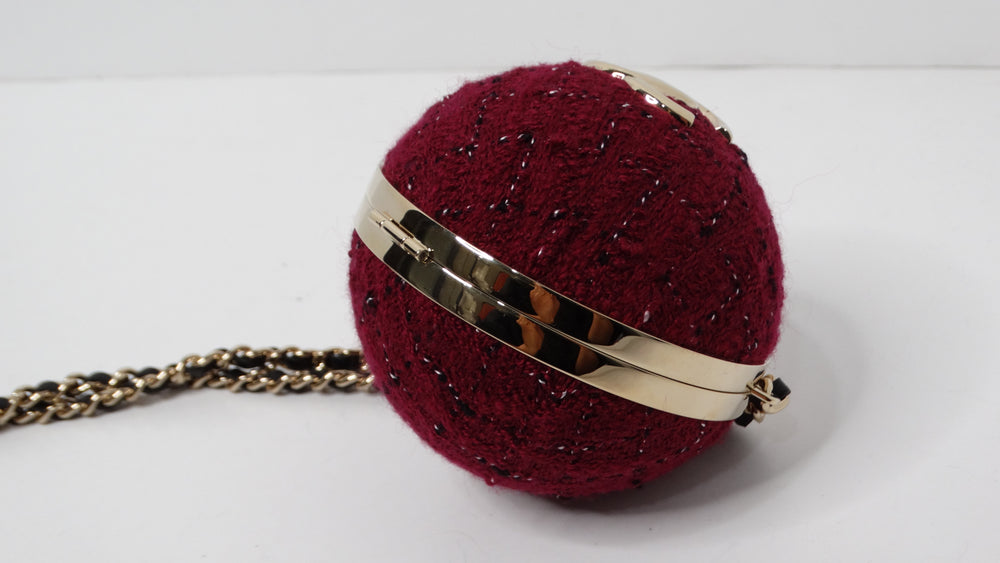 Chanel Tweed Burgundy Minaudiere Sphere Clutch With Chain