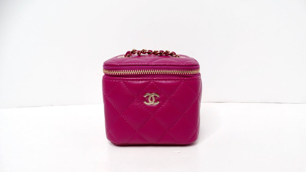 Chanel Fuchsia Quilted Lambskin Mini Vanity Bag With Chain