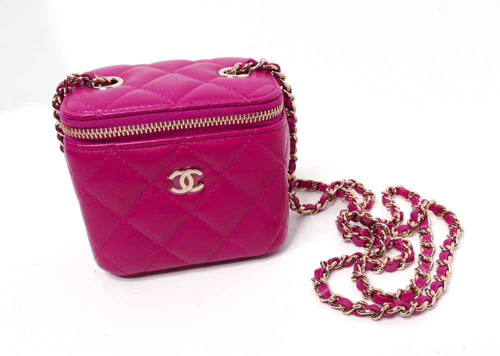 Chanel Fuchsia Quilted Lambskin Mini Vanity Bag With Chain