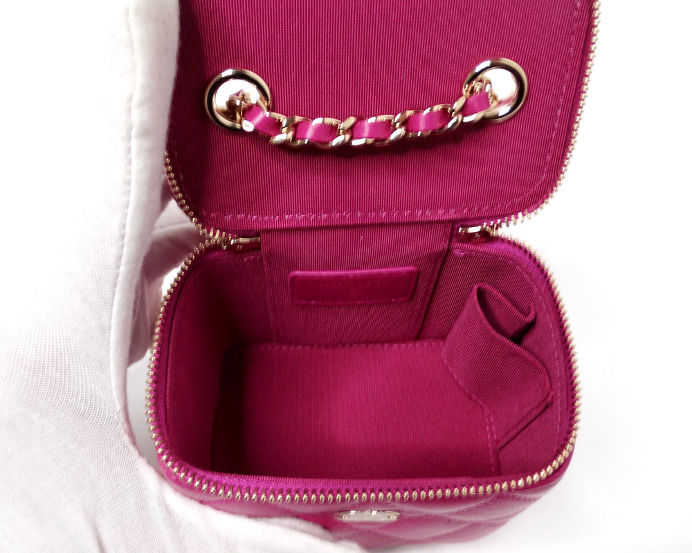 Chanel Fuchsia Quilted Lambskin Mini Vanity Bag With Chain