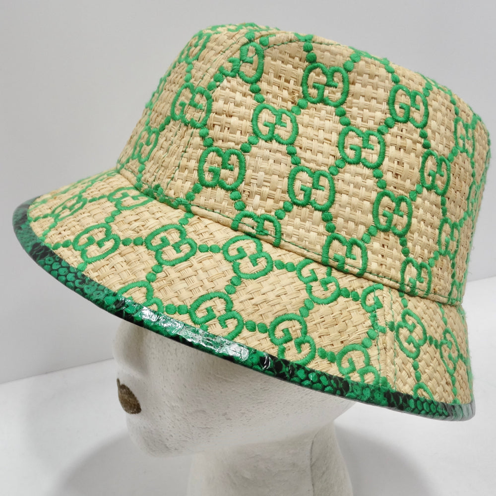 Gucci Raffia Elaphe GG Monogram Embroidered Wide Brim Hat