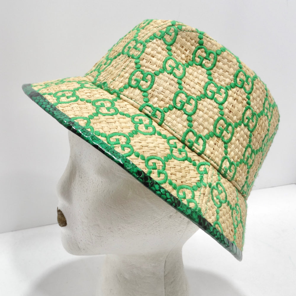 Gucci Raffia Elaphe GG Monogram Embroidered Wide Brim Hat