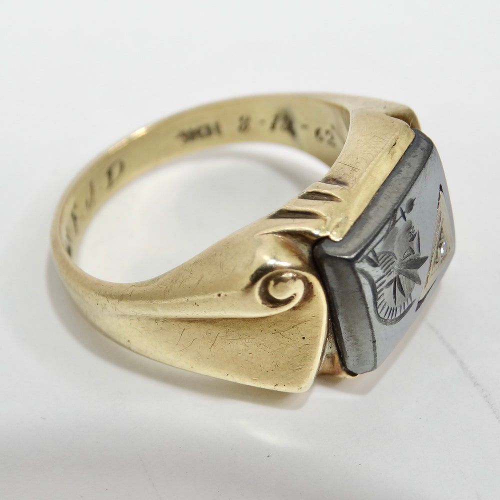 10K Gold 1960s Diamond Onyx Roman Soldier Ring