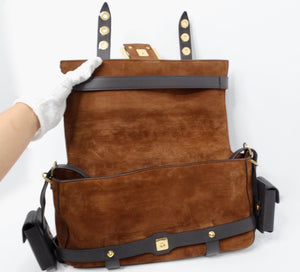 Fendi Brown Suede Leather Trimmed Cage Baguette Shoulder Bag circa 2019