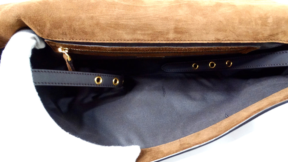 Fendi Brown Suede Leather Trimmed Cage Baguette Shoulder Bag circa 2019