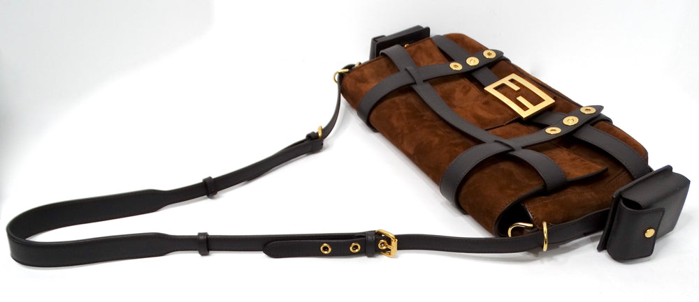 Fendi Brown Suede Leather Trimmed Cage Baguette Shoulder Bag circa 2019