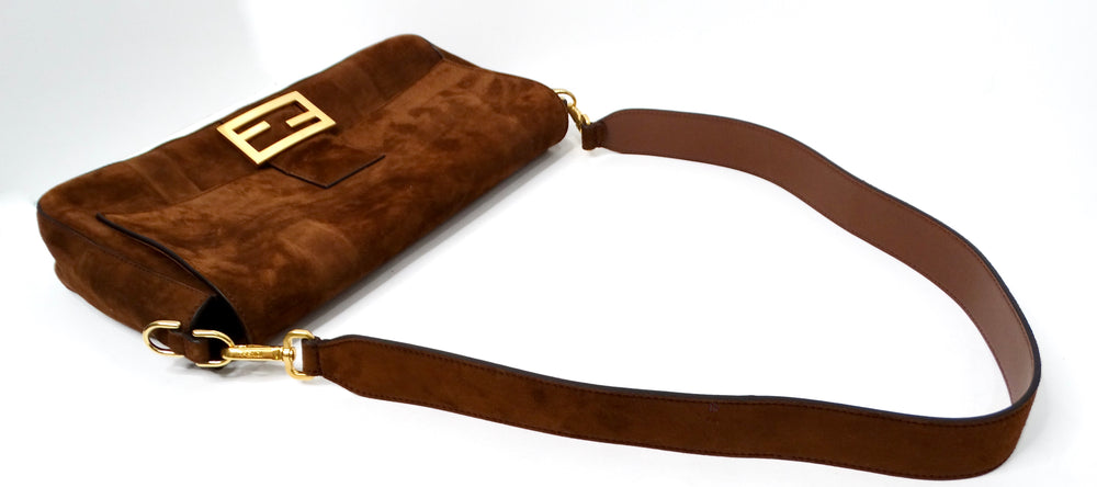 Fendi Brown Suede Leather Trimmed Cage Baguette Shoulder Bag circa 2019