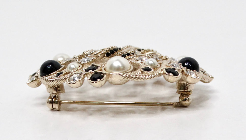 Chanel Black & Gold-Tone Costume Pearl Crystal Filigree Brooch 2019