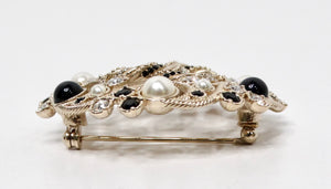 Chanel Black & Gold-Tone Costume Pearl Crystal Filigree Brooch 2019
