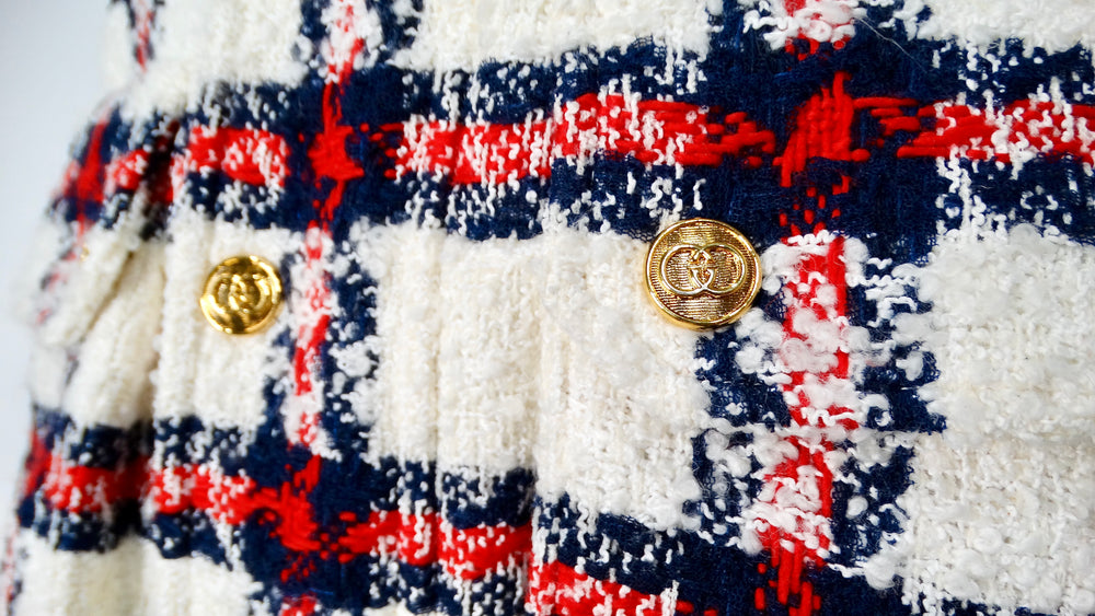 2022 Gucci Tweed Plaid Hooded Jacket With Gold-Tone Buttons