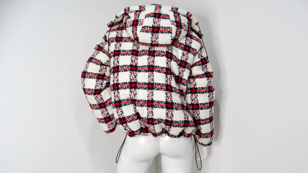 2022 Gucci Tweed Plaid Hooded Jacket With Gold-Tone Buttons