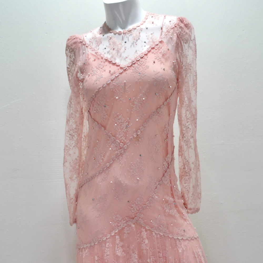 light pink 80s dress 80s Ballet Pink Lace Beaded Sheer Chiffon Party Dress S M