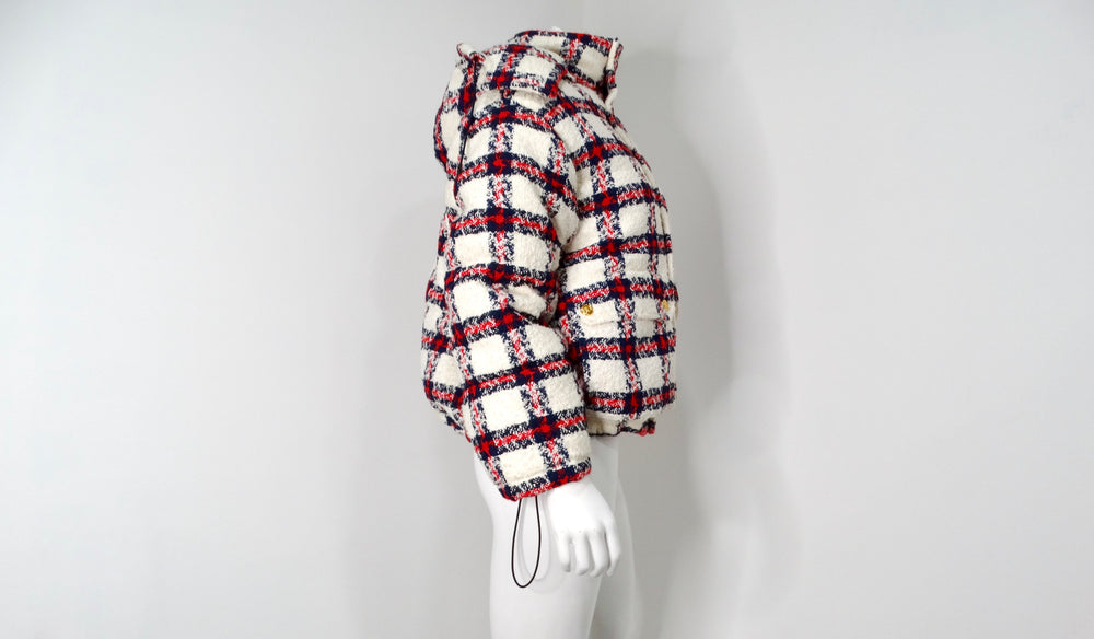 2022 Gucci Tweed Plaid Hooded Jacket With Gold-Tone Buttons
