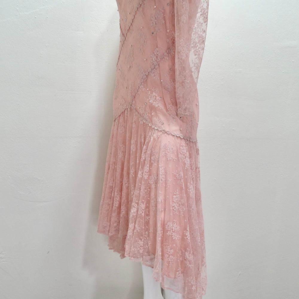 1980s Pink Lace Layered Slip & Long Sleeve Dress