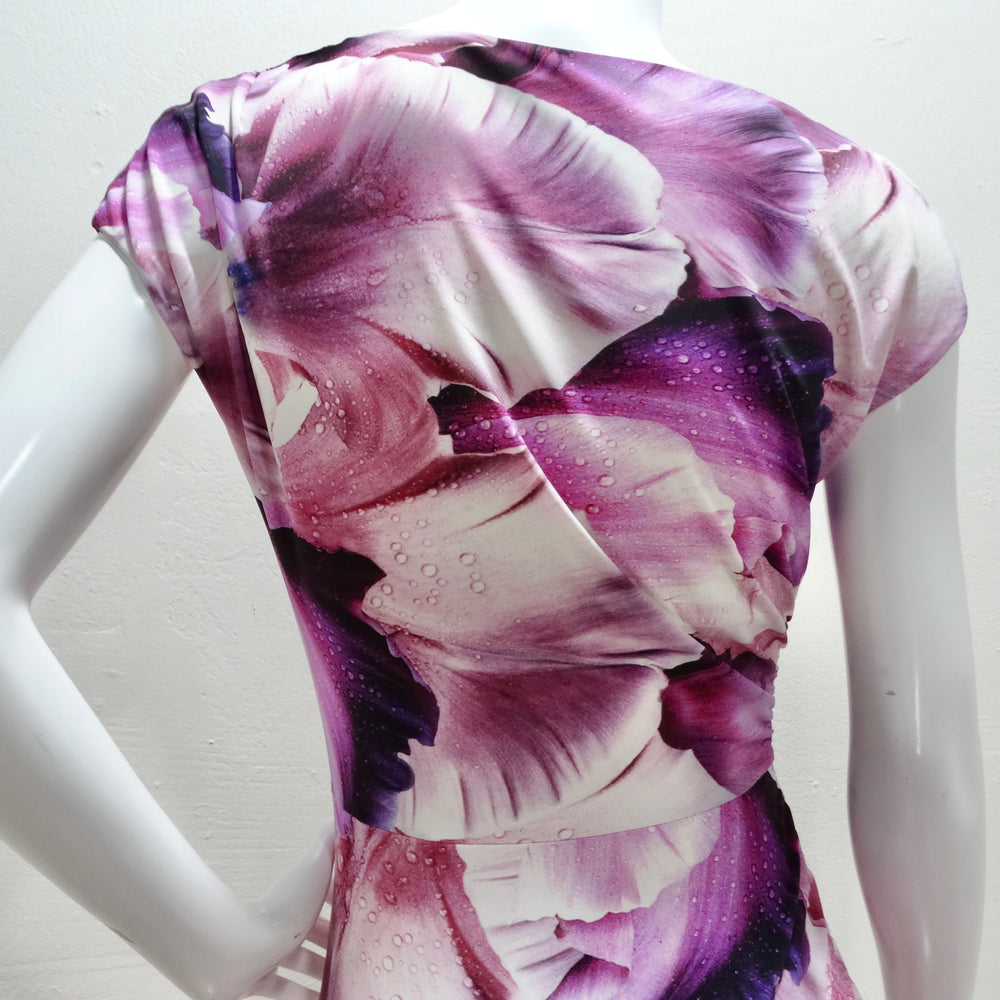 Roberto Cavalli Purple Floral Print Gathered Sheath Dress