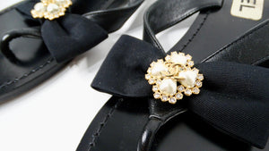 Chanel Black Leather Bow & Pearl Accent Sandals