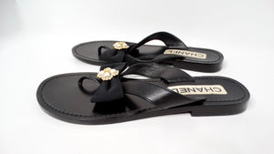 Chanel Black Leather Bow & Pearl Accent Sandals