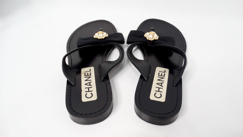 Chanel Black Leather Bow & Pearl Accent Sandals