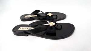 Chanel Black Leather Bow & Pearl Accent Sandals