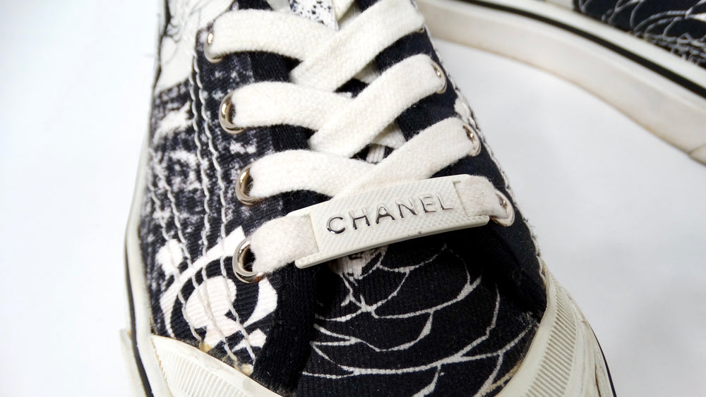 2020 Chanel Black & White Printed Fabric Low Top Sneakers