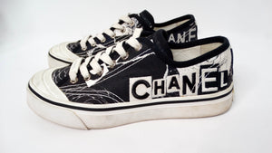 2020 Chanel Black & White Printed Fabric Low Top Sneakers