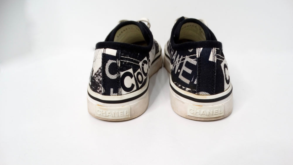 2020 Chanel Black & White Printed Fabric Low Top Sneakers