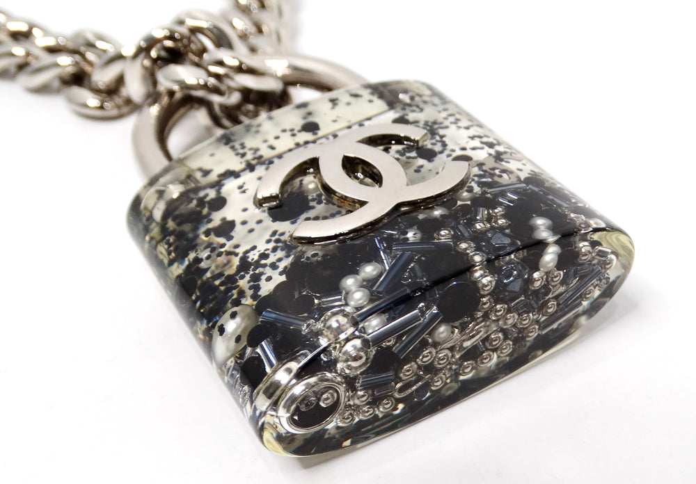 Chanel Resin Interlocking CC Padlock Silver-Tone Chainlink Necklace 2014