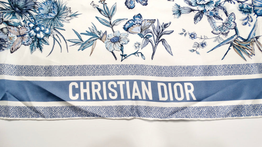 Christian Dior Blue & White Butterfly Garden Print Silk Scarf