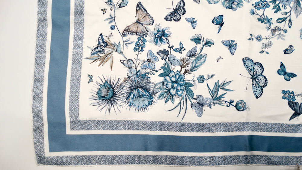 Christian Dior Blue & White Butterfly Garden Print Silk Scarf