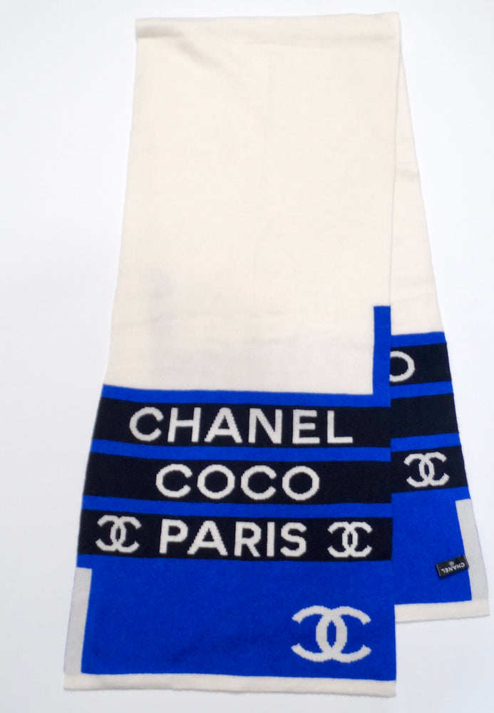 Chanel Coco Paris Blue & White Cashmere Scarf