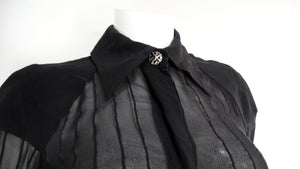 Chanel Black Sheer Silk Button-Up Long-Sleeve Blouse With Embellished Buttons