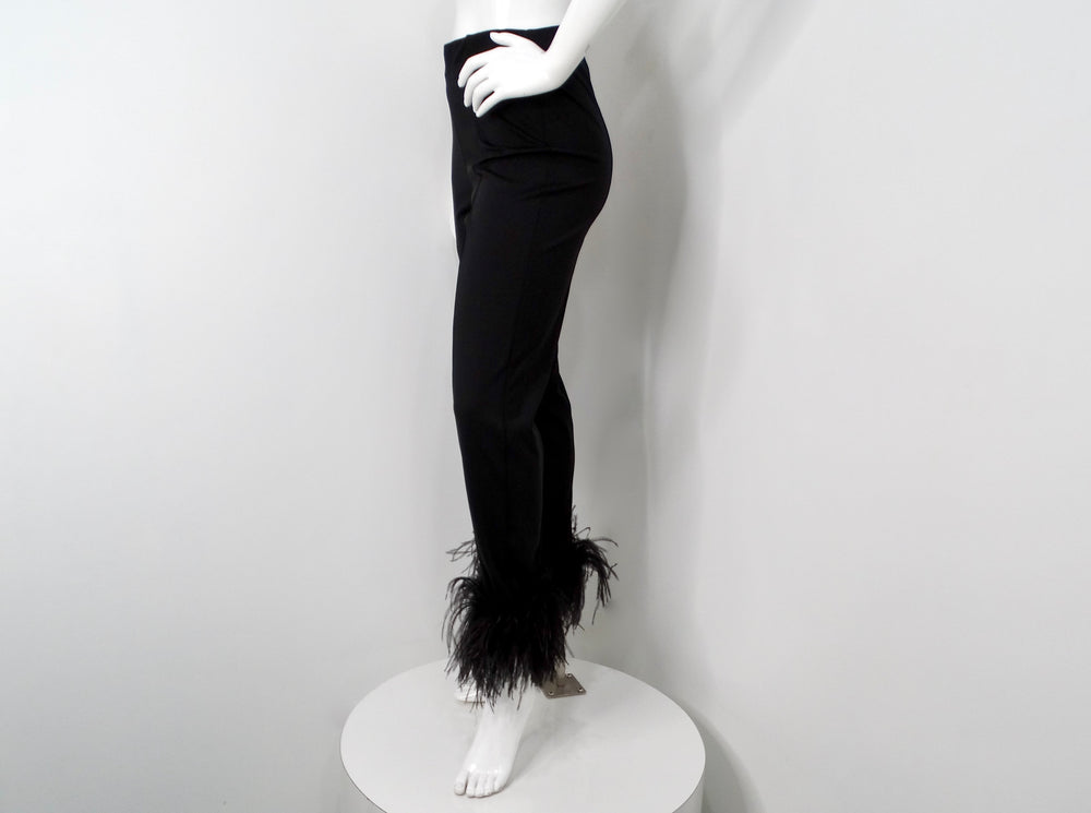 LAPOINTE Black Slim Leg Scuba Pants With Ostrich Feather Hem