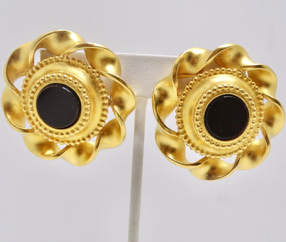 Karl Lagerfeld 1980s Gold Tone Black Stone Clip On Earrings