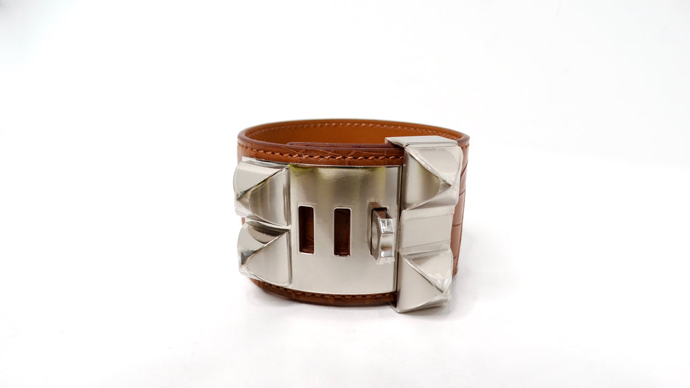 Hermes Collier De Chien Golden Brown & Palladium Plated Alligator Cuff Bracelet