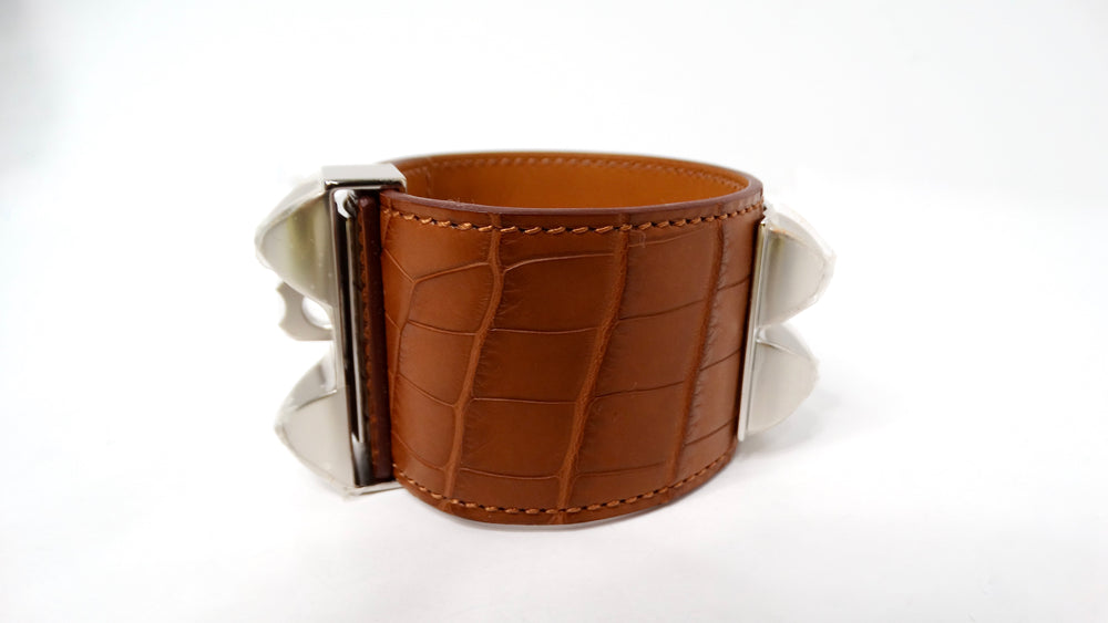 Hermes Collier De Chien Golden Brown & Palladium Plated Alligator Cuff Bracelet