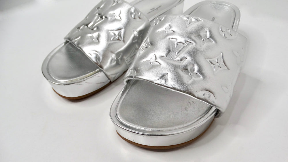 Louis Vuitton Silver Metallic Monogram Platform Leather Slide Sandals