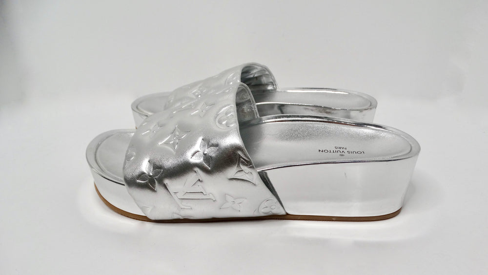 Louis Vuitton Silver Metallic Monogram Platform Leather Slide Sandals