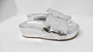 Louis Vuitton Silver Metallic Monogram Platform Leather Slide Sandals